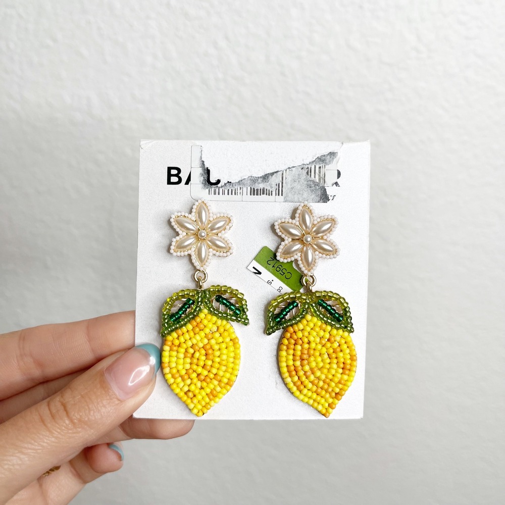 BaubleBar Yellow‎ Beaded Lemon Flower Drop Earrings Tropical Summer Fruit